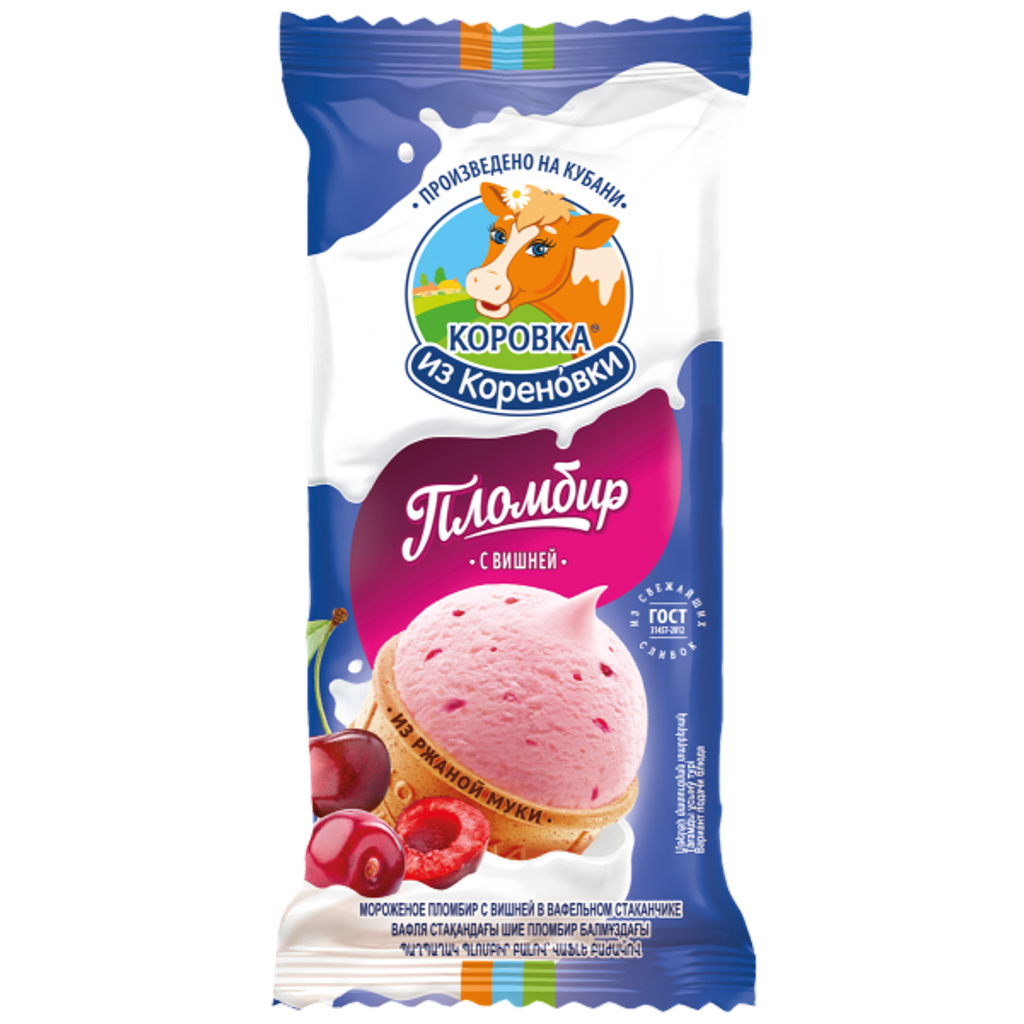Мороженое пломбир с вишней в вафельном стаканчике 15%
